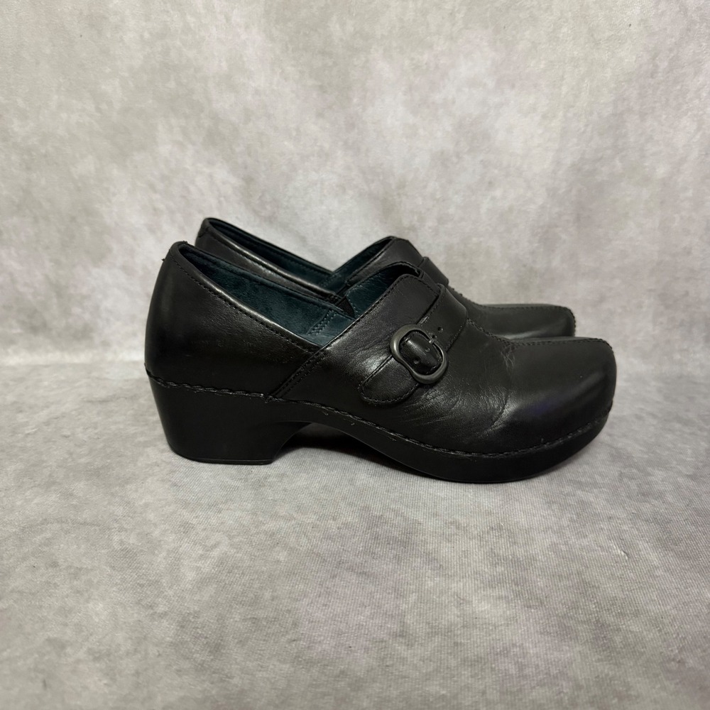 Dansko Leather Mary Jane Clogs Womens 38 Black Buckle Strap Block Heel Comfort